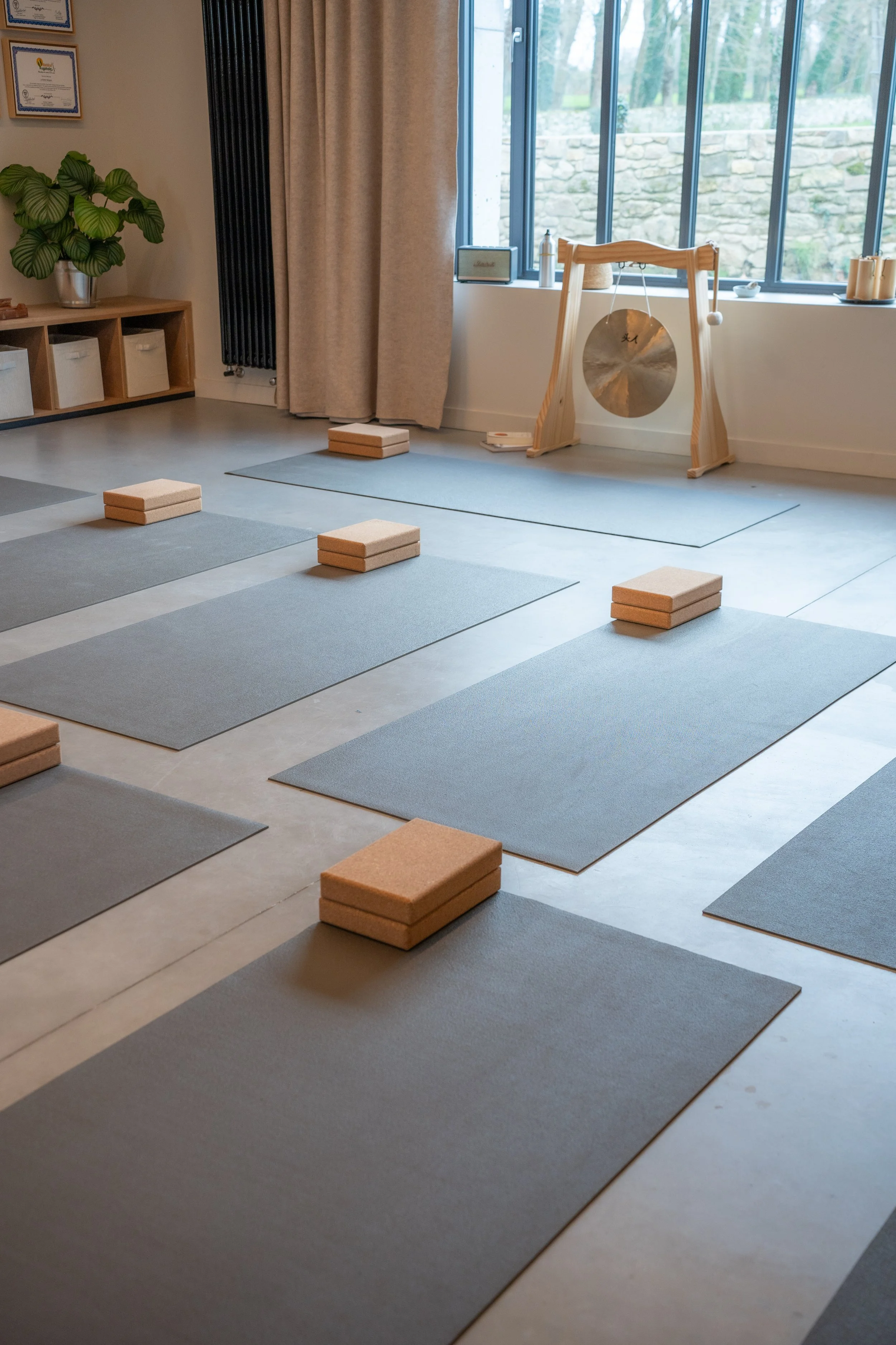 tapis installés dans une salle dédiée aux pratiques de pilates et de respiration, espace calme et lumineux pour un séjour bien-être dans le Morbihan