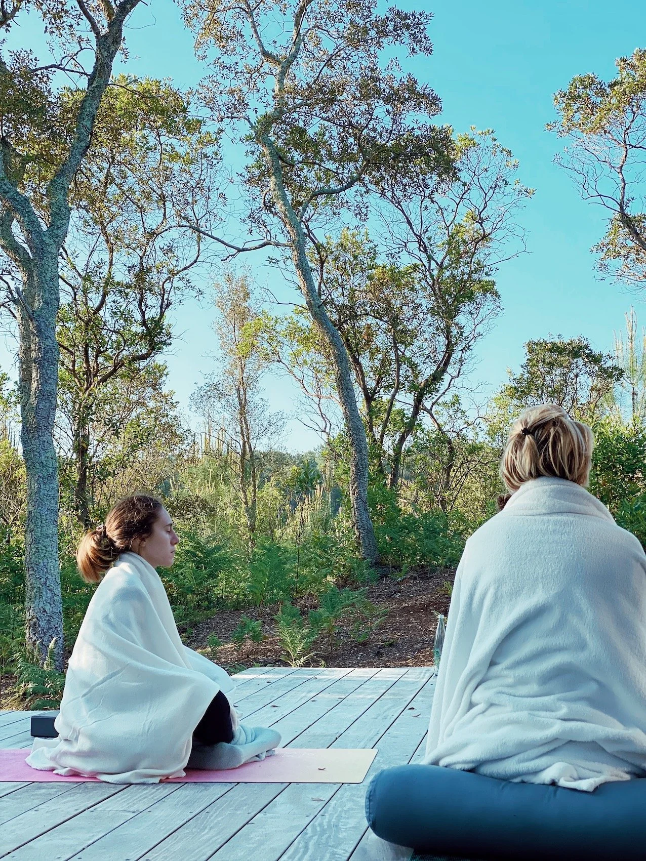 Pratique du yoga en extérieure forêt de pin landes en hiver
