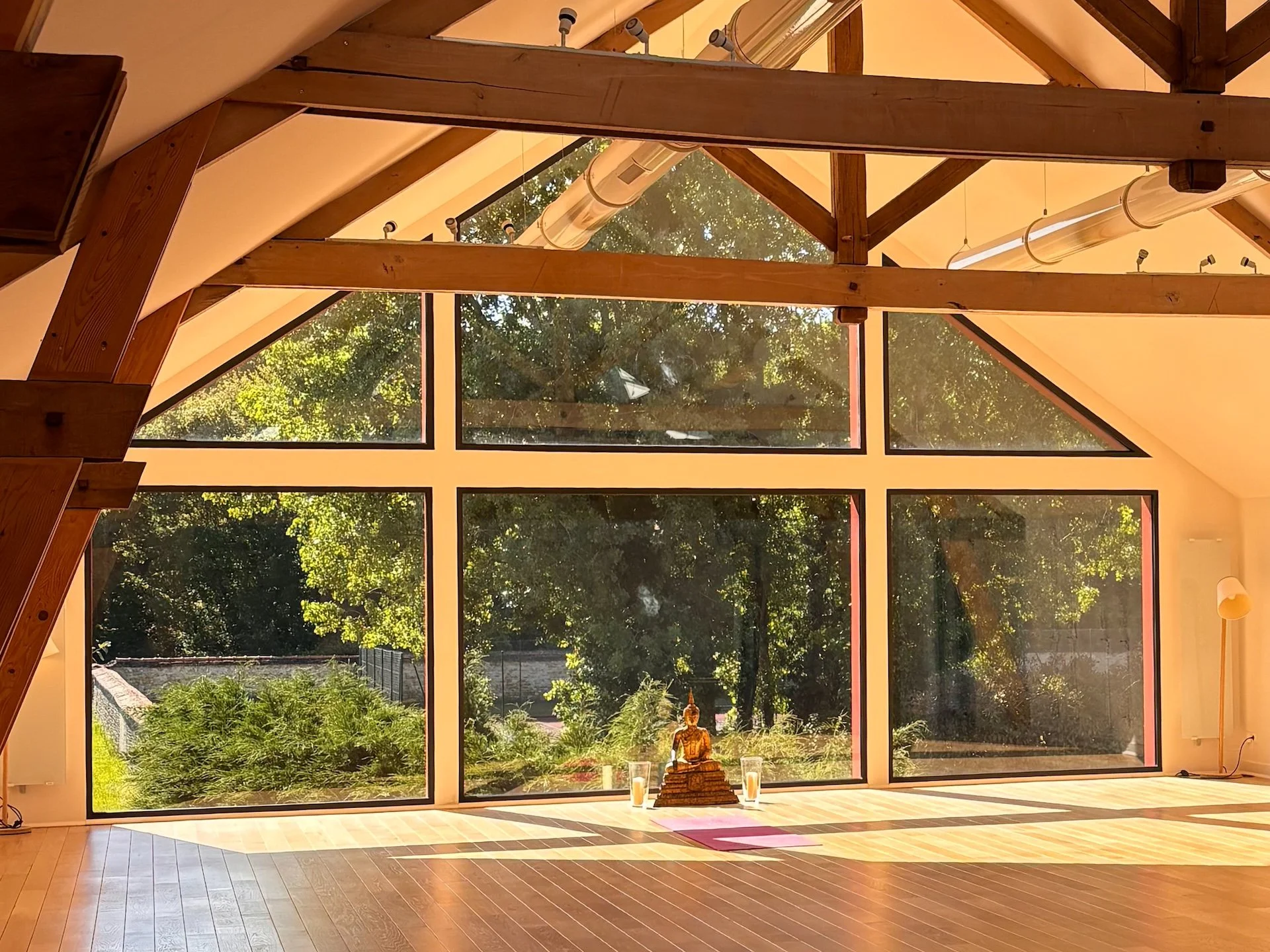 Shala de yoga lumineux avec charpente en bois et vue parc — château de Solterre retraite yoga Kundalini proche de Paris