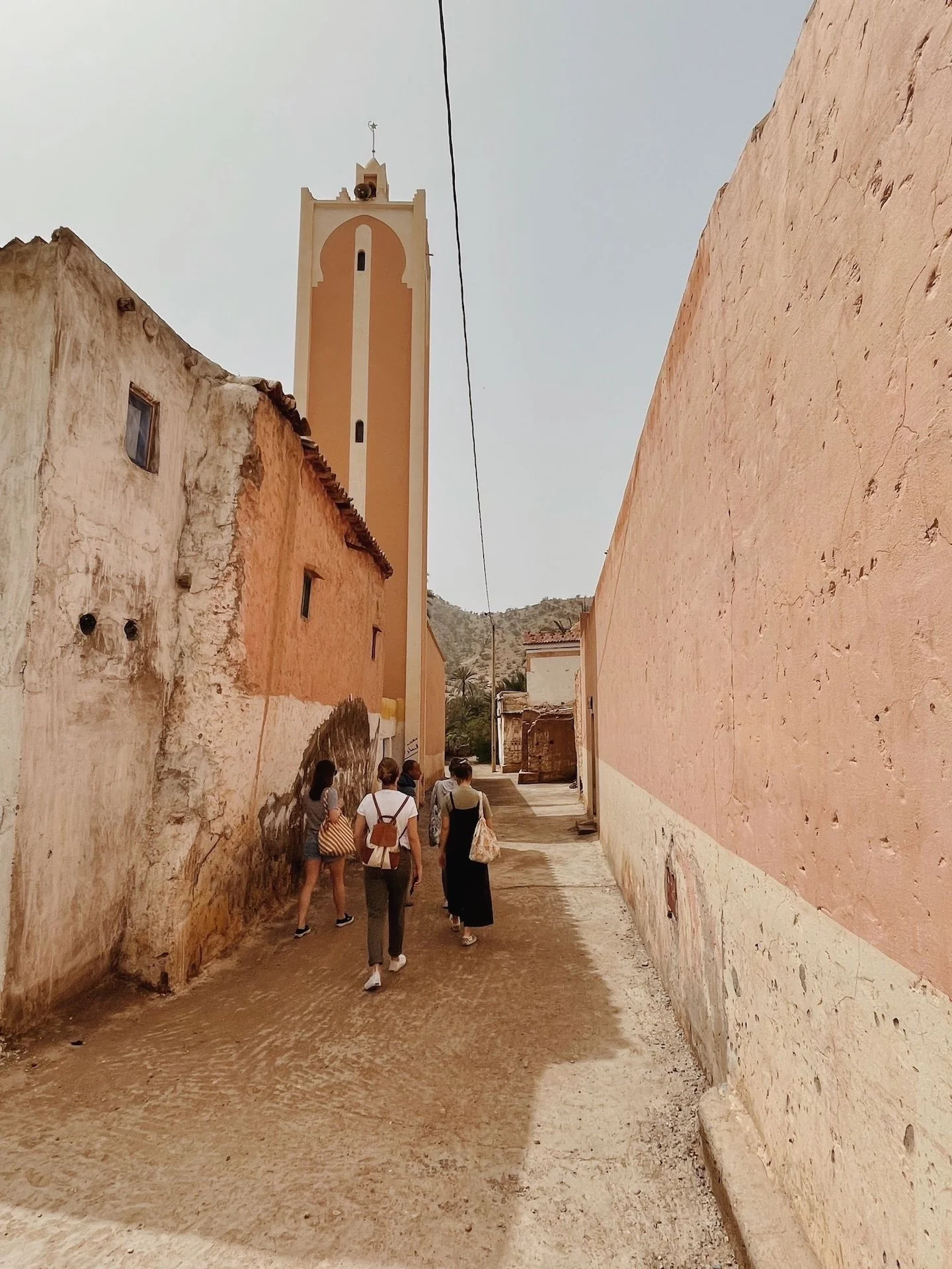 Groupe de femmes se promenant dans un village berbère de la vallée de l'Ourika — excursion retraite yoga immersion culturelle Marrakech novembre 2026