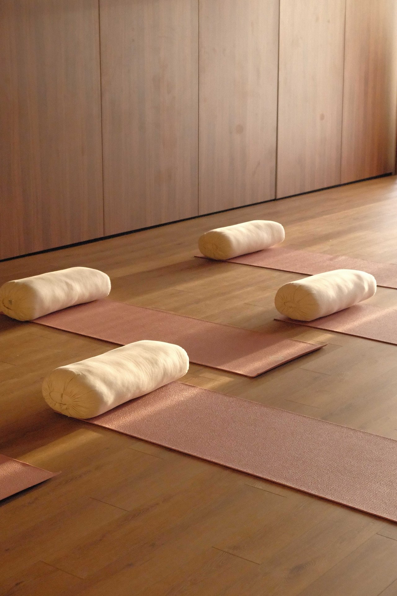 Tapis et bolsters disposés pour une séance de yoga féminin, retraite cycle féminin Landes septembre