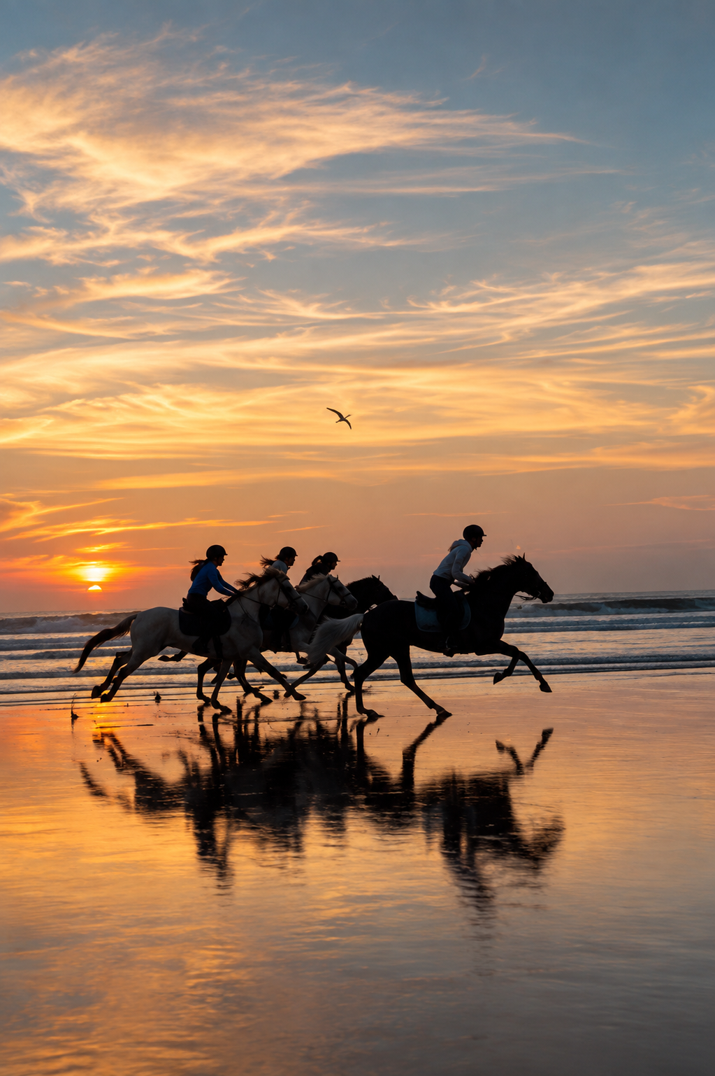 Groupe de cavaliers au galop sur la plage d'Essaouira au coucher du soleil — retraite yoga et équitation Maroc novembre 2026