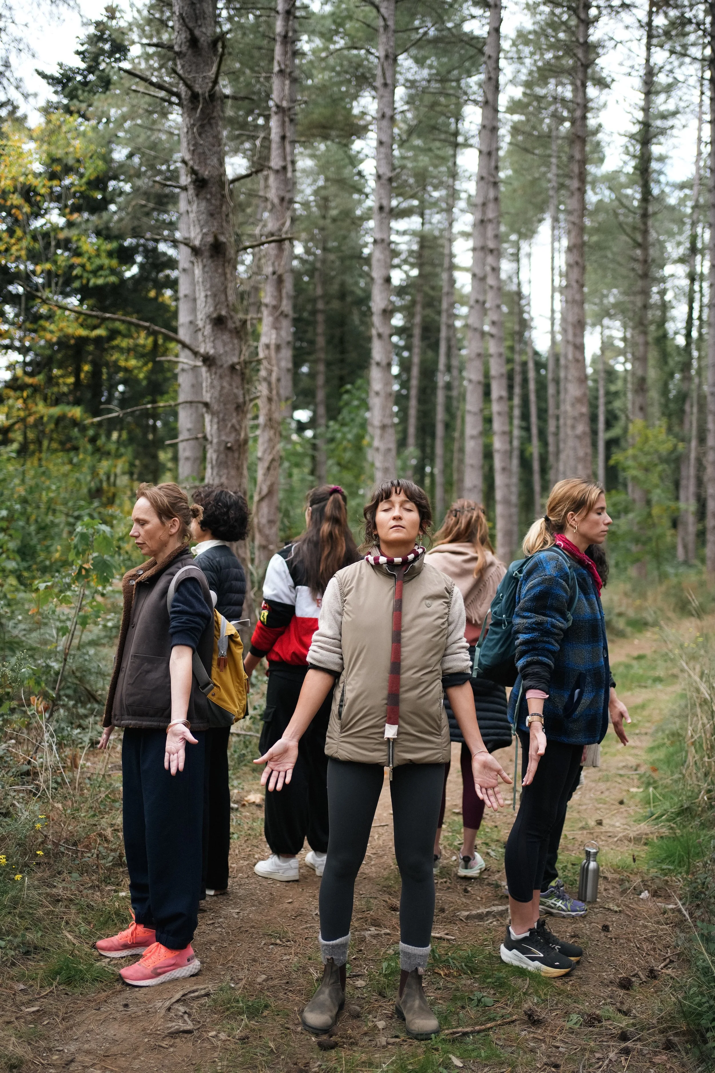 Groupe en balade en forêt — retraite holistique yoga et rituels Bourgogne automne