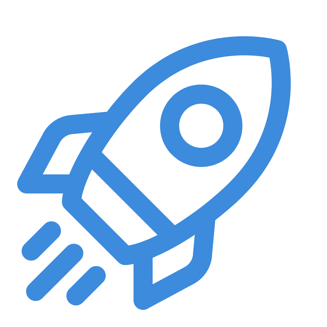 Blue outline icon of a rocket ship with motion lines indicating launch or speed.