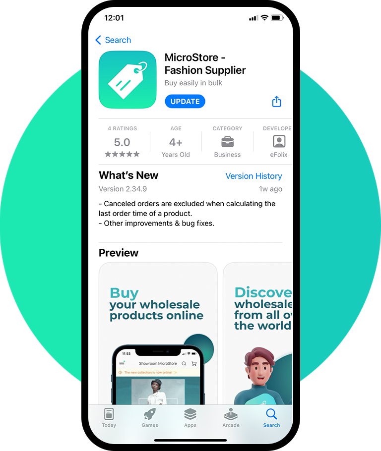 iPhone screen displaying the MicroStore - Fashion Supplier app page in an app store, showing app icon, name, ratings, and update info.