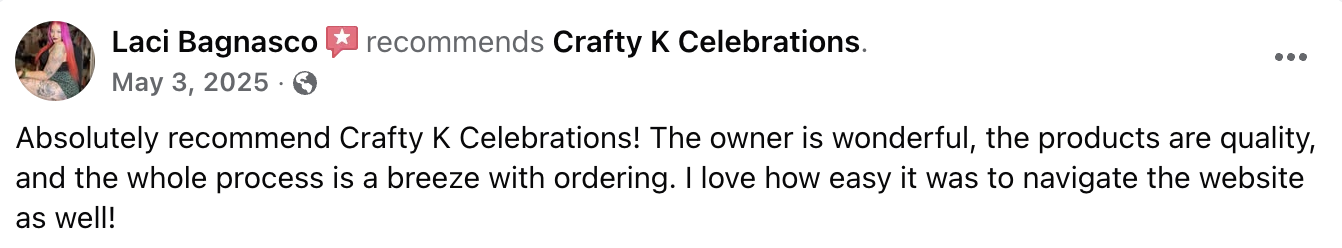 Screenshot of a Facebook recommendation post for Crafty K Celebrations by Laci Bagnasco.