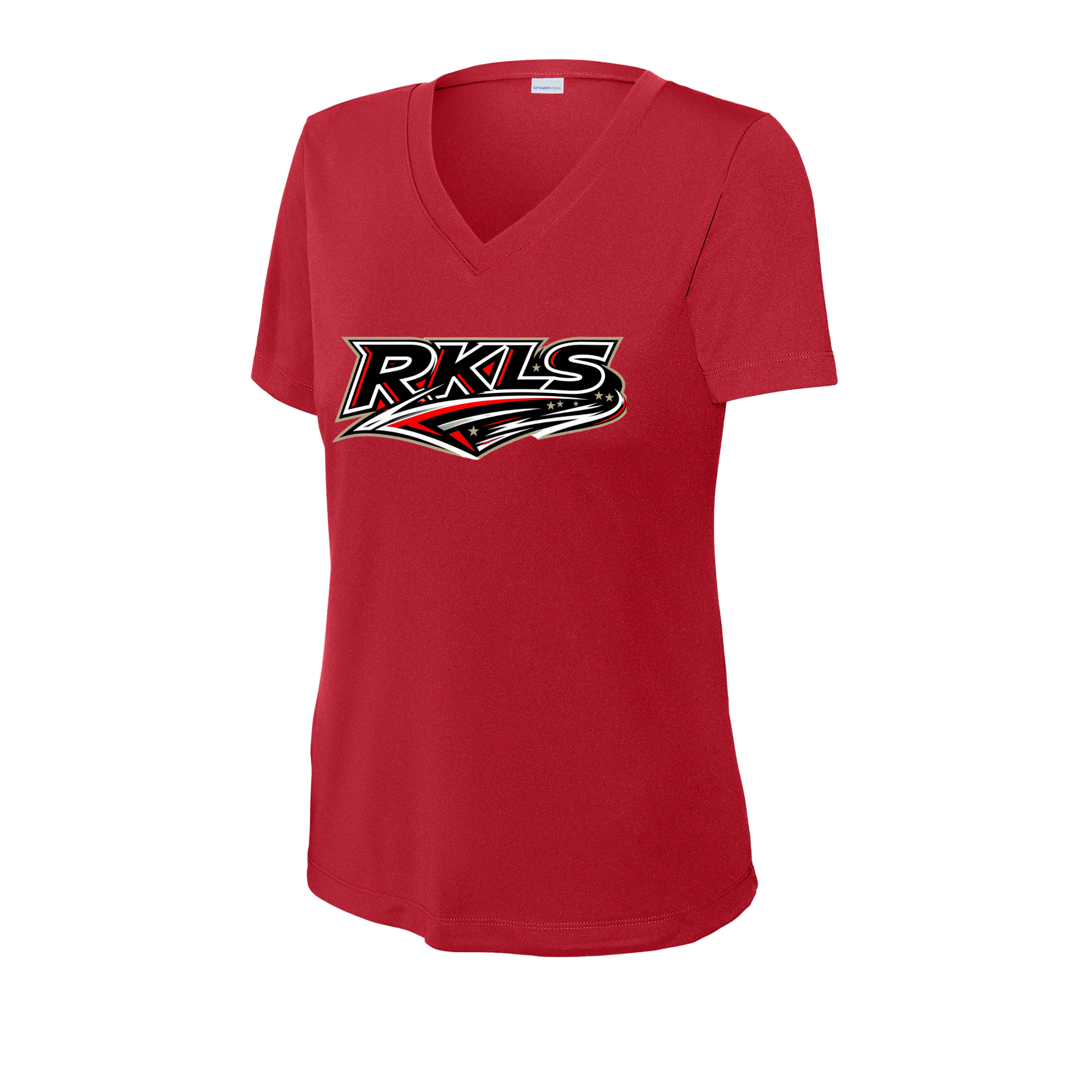 pinellas-reckless-baseball-red-womens-performance-v-neck-t-shirt-front-logo.png