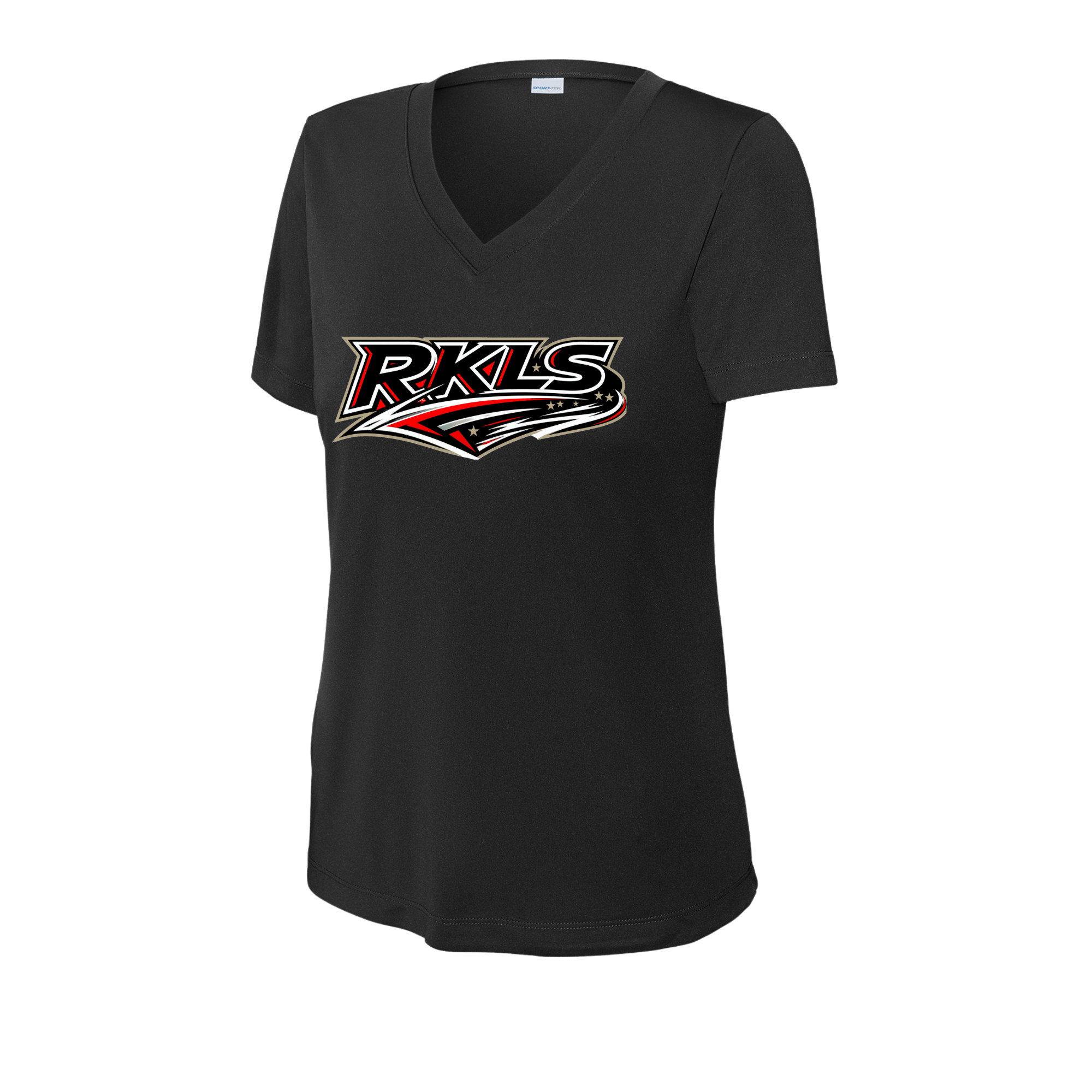 pinellas-reckless-baseball-black-womens-performance-v-neck-t-shirt-front-logo.png