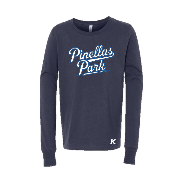 Baseball Coach Pitch–Kampbell Youth Jersey Long-Sleeve Tee – Navy – front mockup