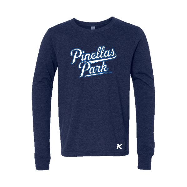 Baseball Coach Pitch–Kampbell Youth Jersey Long-Sleeve Tee – Navy Triblend – front mockup