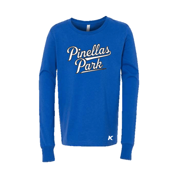Baseball Coach Pitch–Kampbell Youth Jersey Long-Sleeve Tee – True Royal – front mockup