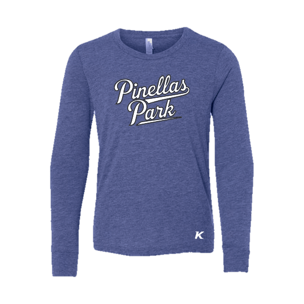 Baseball Coach Pitch–Kampbell Youth Jersey Long-Sleeve Tee – True Royal Triblend – front mockup