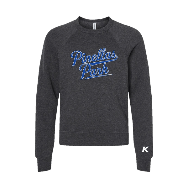 Baseball Coach Pitch–Kampbell Youth Sponge Fleece Crewneck Sweatshirt – Dark Gray Heather – front mockup
