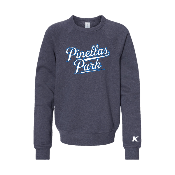Baseball Coach Pitch–Kampbell Youth Sponge Fleece Crewneck Sweatshirt – Heather Navy – front mockup
