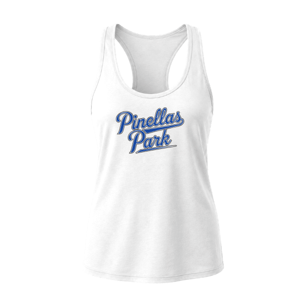 Baseball Coach Pitch–Kampbell Women's Jersey Racerback Tank – White – front mockup