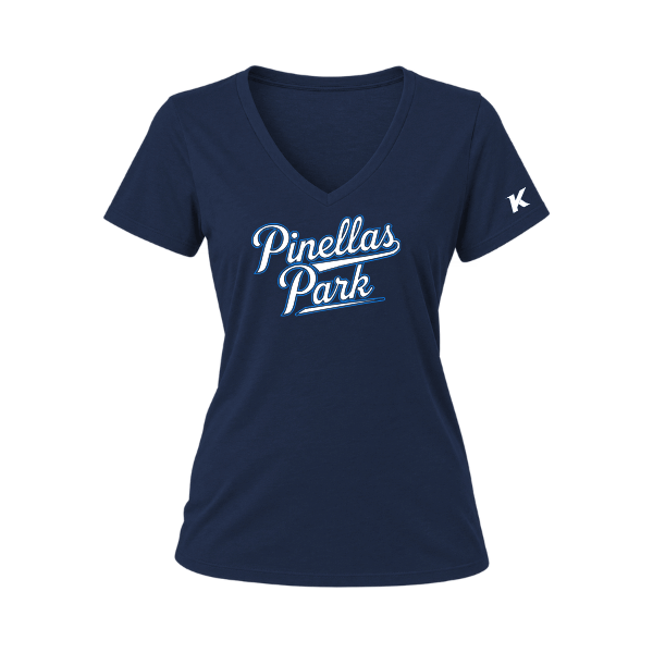 Baseball Coach Pitch–Kampbell Women's Relaxed Jersey V-Neck Tee – Navy – front mockup