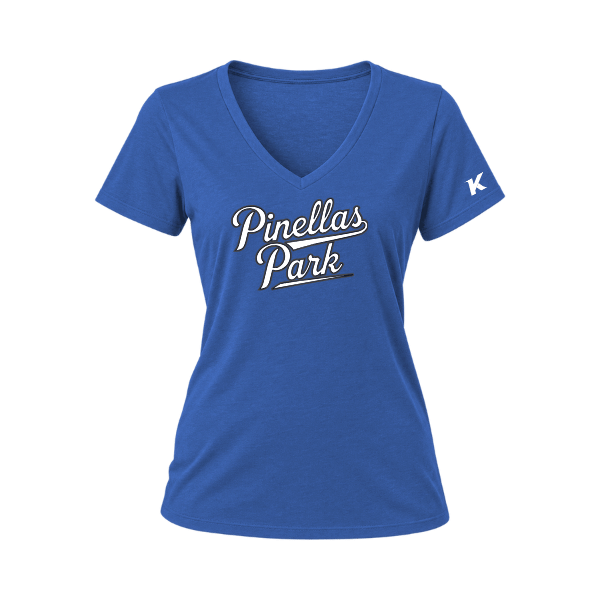Baseball Coach Pitch–Kampbell Women's Relaxed Jersey V-Neck Tee – True Royal – front mockup