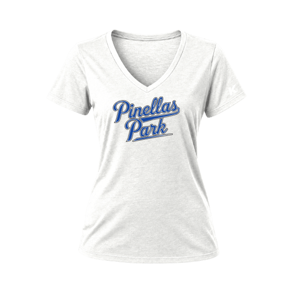 Baseball Coach Pitch–Kampbell Women's Relaxed Jersey V-Neck Tee – White – front mockup