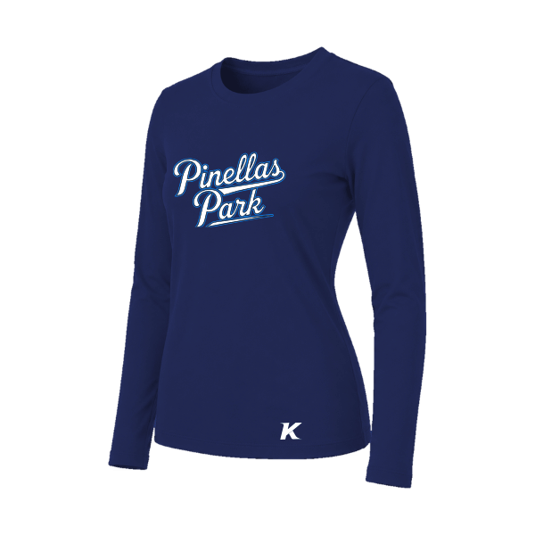 Baseball Coach Pitch–Kampbell Women's Jersey Long-Sleeve Tee – Navy – front mockup