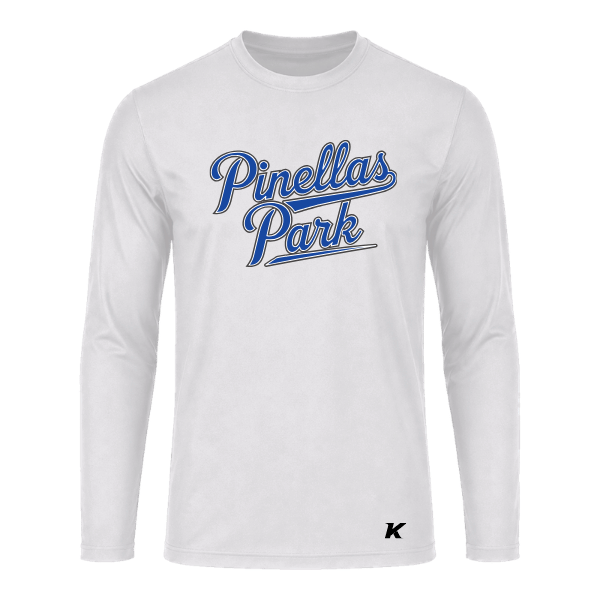 Baseball Coach Pitch–Kampbell Vision Performance Long-Sleeve Tee – White – front mockup
