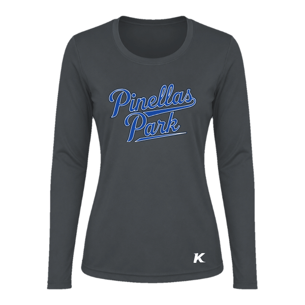 Baseball Coach Pitch–Kampbell Vision Women's Performance Long-Sleeve Tee – Charcoal – front mockup