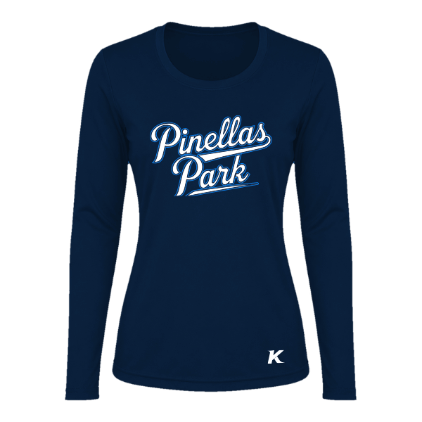 Baseball Coach Pitch–Kampbell Vision Women's Performance Long-Sleeve Tee – Navy – front mockup