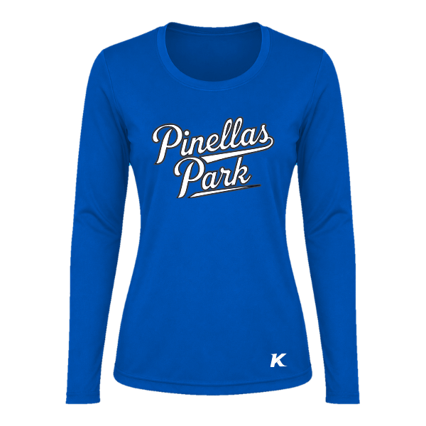 Baseball Coach Pitch–Kampbell Vision Women's Performance Long-Sleeve Tee – Royal – front mockup