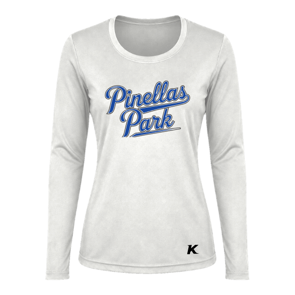 Baseball Coach Pitch–Kampbell Vision Women's Performance Long-Sleeve Tee – White – front mockup