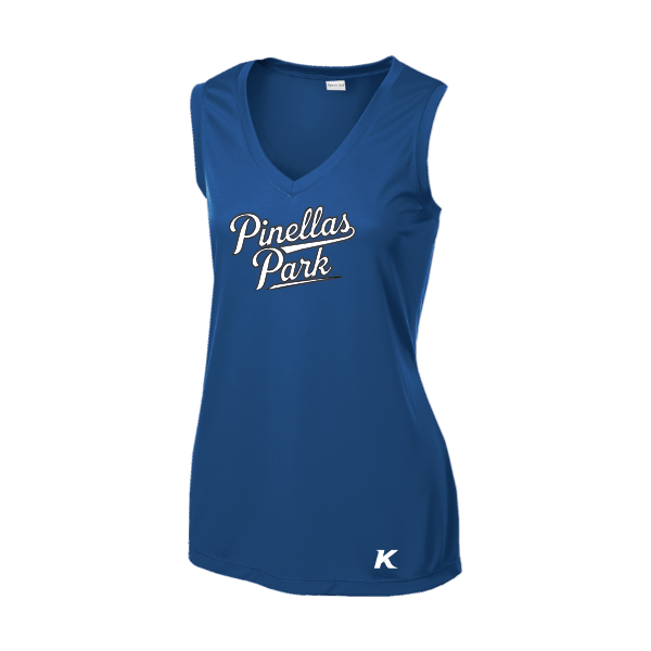 Baseball Coach Pitch–Kampbell Women's Sleeveless PosiCharge Competitor V-Neck Tee – Royal – front mockup