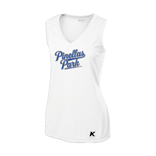 Baseball Coach Pitch–Kampbell Women's Sleeveless PosiCharge Competitor V-Neck Tee – White – front mockup