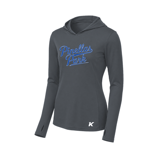 Baseball Coach Pitch–Kampbell Women's PosiCharge Competitor Hooded Pullover – Iron Gray – front mockup