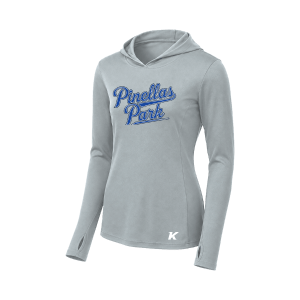 Baseball Coach Pitch–Kampbell Women's PosiCharge Competitor Hooded Pullover – Silver – front mockup
