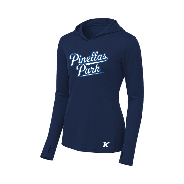 Baseball Coach Pitch–Kampbell Women's PosiCharge Competitor Hooded Pullover – True Navy – front mockup