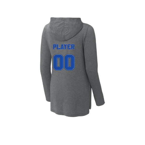 Baseball Coach Pitch–Kampbell Women's PosiCharge Tri-Blend Wicking Long-Sleeve Hoodie – Dark Gray Heather – back mockup