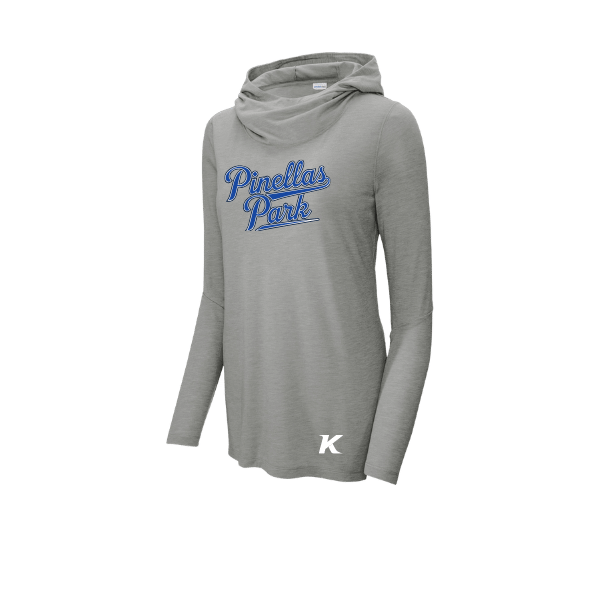 Baseball Coach Pitch–Kampbell Women's PosiCharge Tri-Blend Wicking Long-Sleeve Hoodie – Light Gray Heather – front mockup