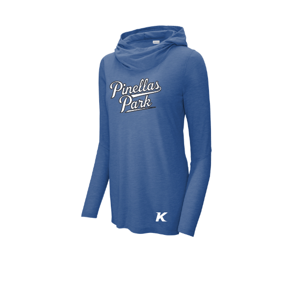 Baseball Coach Pitch–Kampbell Women's PosiCharge Tri-Blend Wicking Long-Sleeve Hoodie – True Royal Heather – front mockup