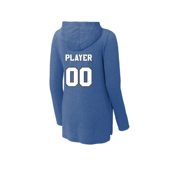 Baseball Coach Pitch–Kampbell Women's PosiCharge Tri-Blend Wicking Long-Sleeve Hoodie – True Royal Heather – back mockup