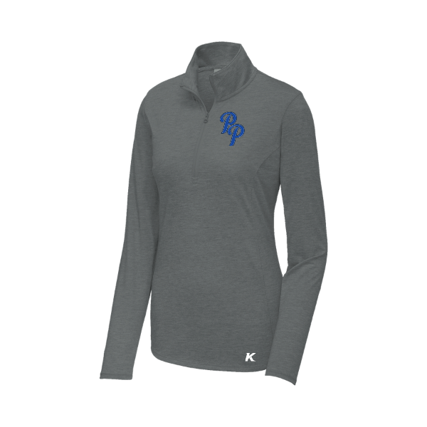 Baseball Coach Pitch–Kampbell Women's PosiCharge Tri-Blend Wicking 1/4-Zip Pullover – Dark Gray Heather – front mockup