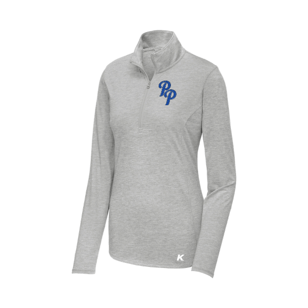 Baseball Coach Pitch–Kampbell Women's PosiCharge Tri-Blend Wicking 1/4-Zip Pullover – Light Gray Heather – front mockup