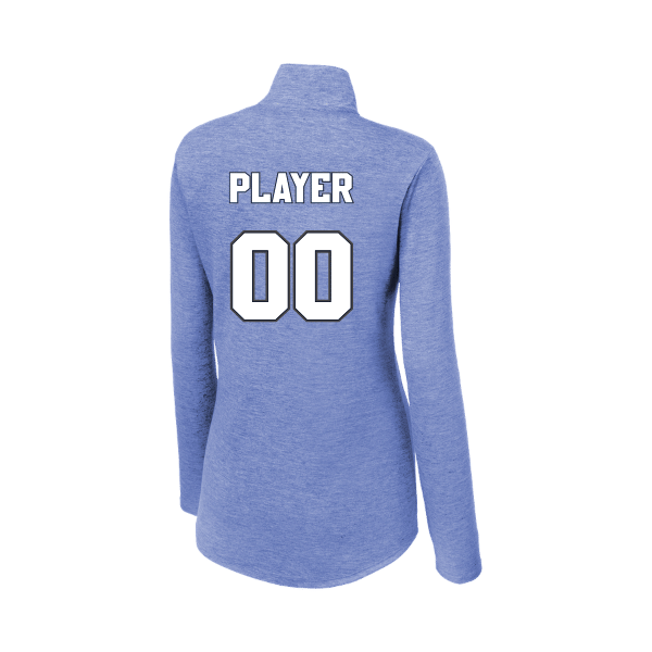 Baseball Coach Pitch–Kampbell Women's PosiCharge Tri-Blend Wicking 1/4-Zip Pullover – True Royal Heather – back mockup