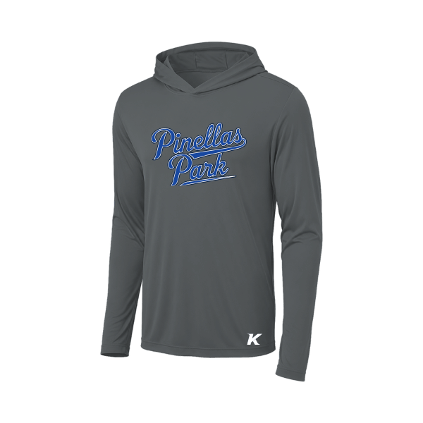 Baseball Coach Pitch–Kampbell Posi-UV Pro Long-Sleeve Hoodie – Dark Smoke Gray – front mockup