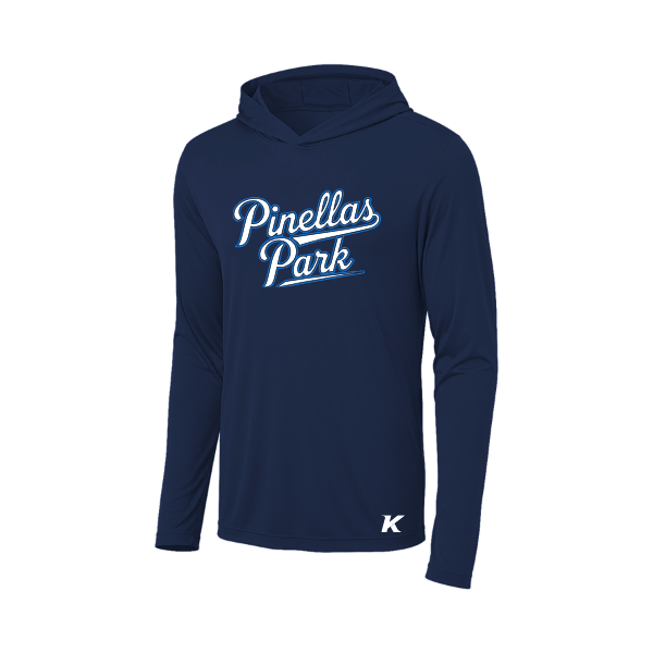 Baseball Coach Pitch–Kampbell Posi-UV Pro Long-Sleeve Hoodie – True Navy – front mockup