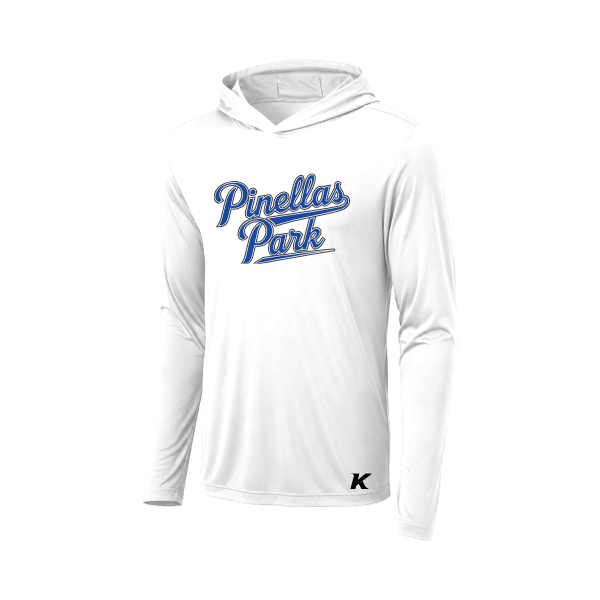Baseball Coach Pitch–Kampbell Posi-UV Pro Long-Sleeve Hoodie – White – front mockup