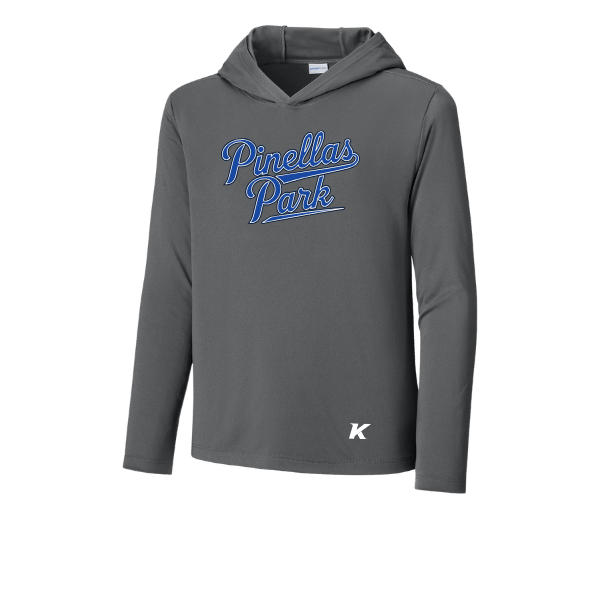 Baseball Coach Pitch–Kampbell Youth Posi-UV Pro Long-Sleeve Hoodie – Dark Smoke Gray – front mockup