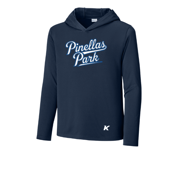 Baseball Coach Pitch–Kampbell Youth Posi-UV Pro Long-Sleeve Hoodie – True Navy – front mockup
