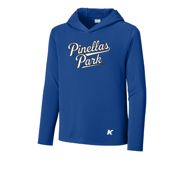 Baseball Coach Pitch–Kampbell Youth Posi-UV Pro Long-Sleeve Hoodie – True Royal – front mockup