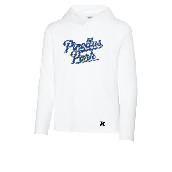 Baseball Coach Pitch–Kampbell Youth Posi-UV Pro Long-Sleeve Hoodie – White – front mockup