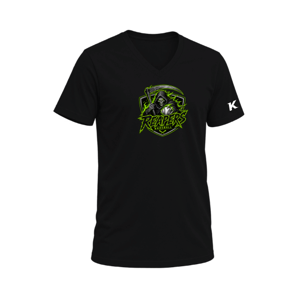 Baseball Coach Pitch–Minor Unisex Heather CVC V-Neck Tee – Solid Black Blend – front mockup