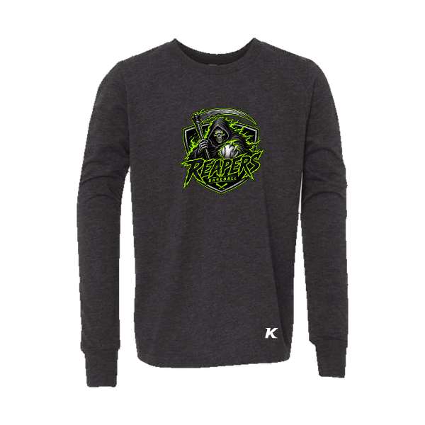 Baseball Coach Pitch–Minor Youth Jersey Long-Sleeve Tee – Dark Gray Heather – front mockup