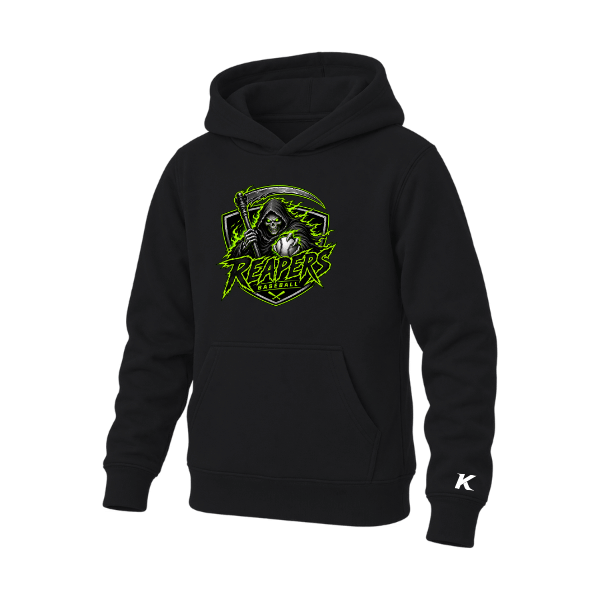 Baseball Coach Pitch–Minor Youth Sponge Fleece Pullover Hoodie – Black – front mockup